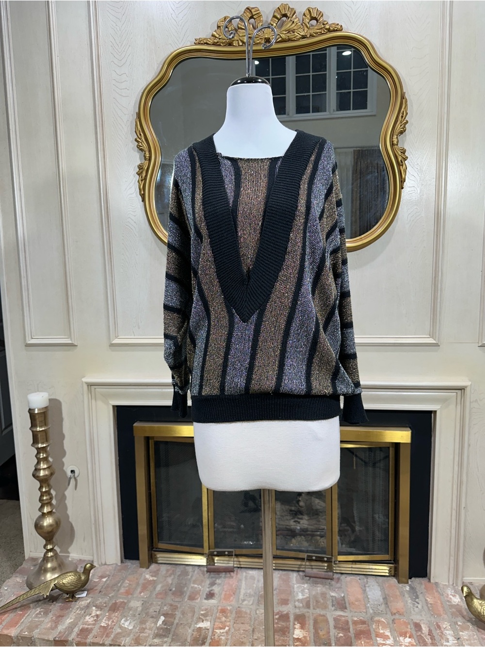 Vintage Cyn Les Sweater Size L 80s Disco Glam Metallic Party V-Neck Pullover